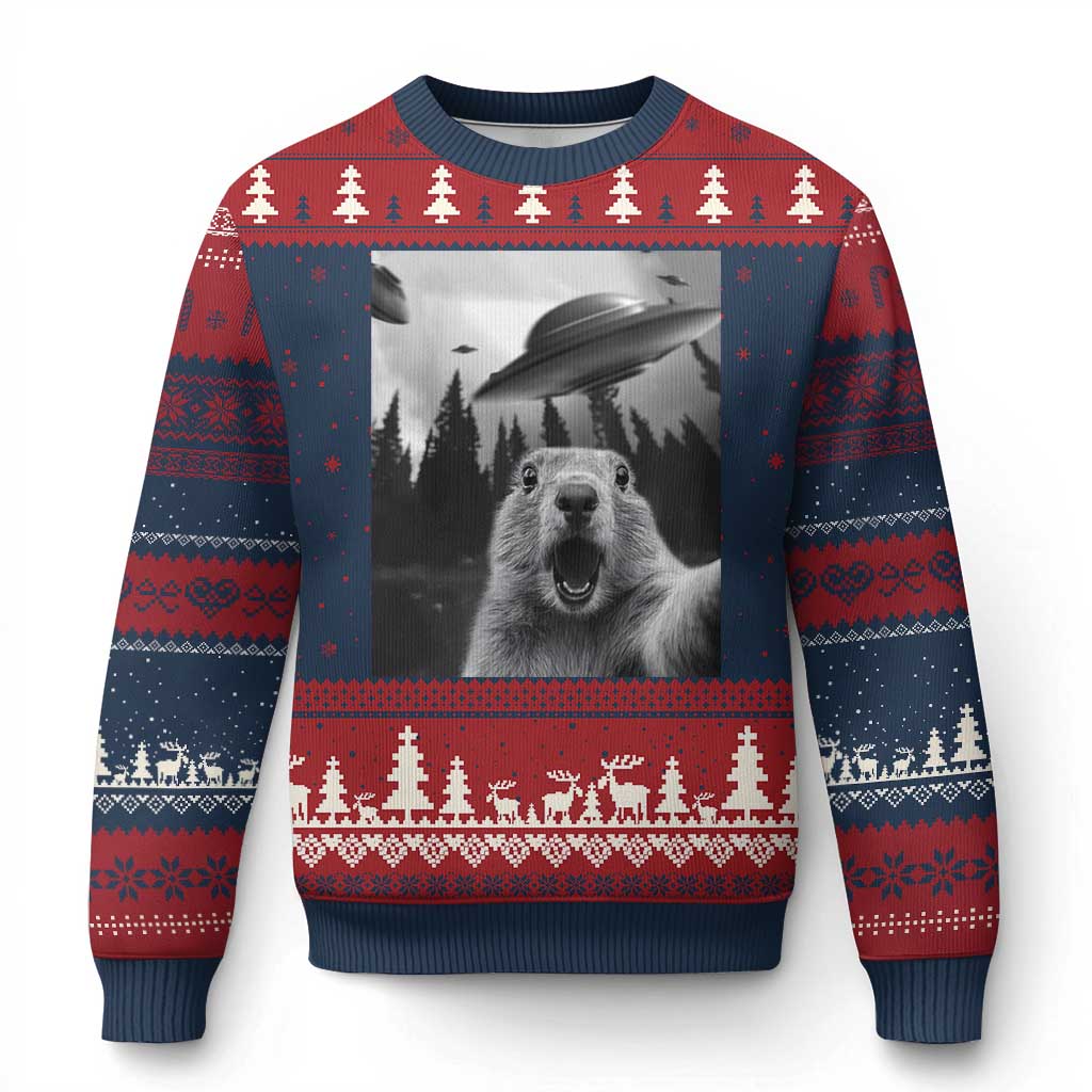 Funny Groundhog Selfie With Alien UFOs Weird Ground Hog Day Ugly Christmas Sweater - Wonder Print Shop