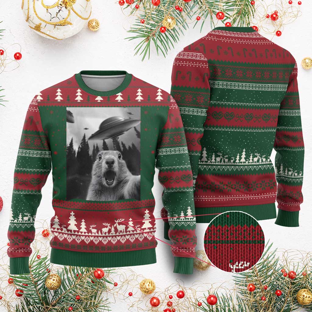 Funny Groundhog Selfie With Alien UFOs Weird Ground Hog Day Ugly Christmas Sweater - Wonder Print Shop