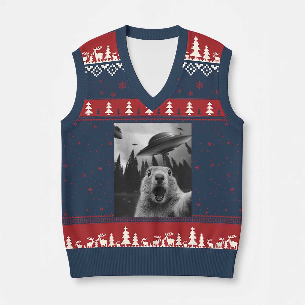 Funny Groundhog Selfie With Alien UFOs Weird Ground Hog Day V-Neck Knit Sweater Vest - Wonder Print Shop