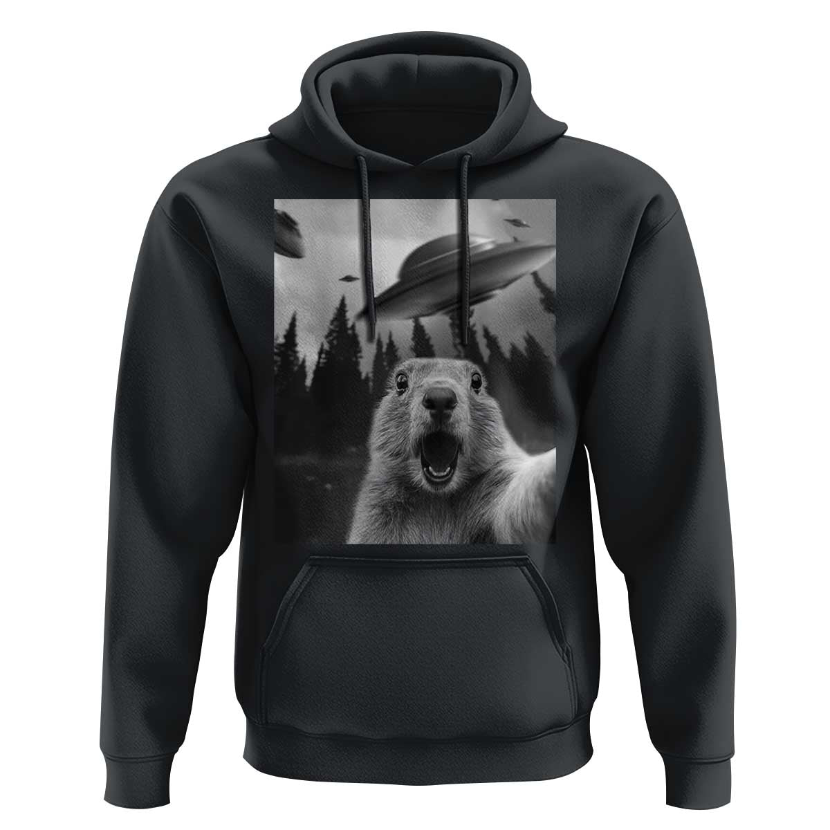 Funny Groundhog Selfie With Alien UFOs Weird Ground Hog Day Hoodie - Wonder Print Shop