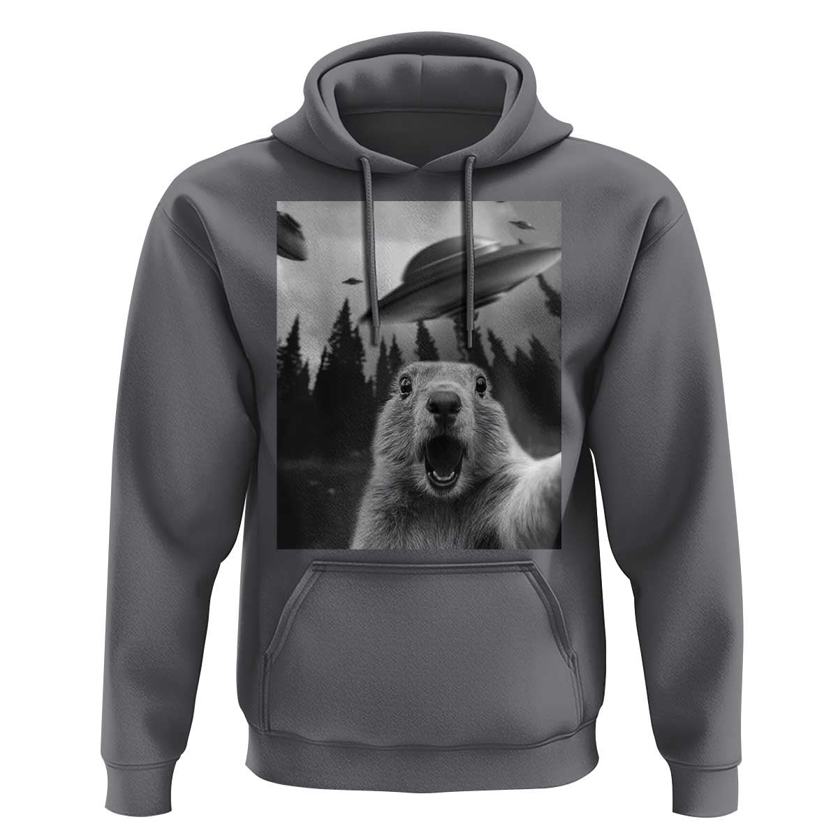 Funny Groundhog Selfie With Alien UFOs Weird Ground Hog Day Hoodie - Wonder Print Shop
