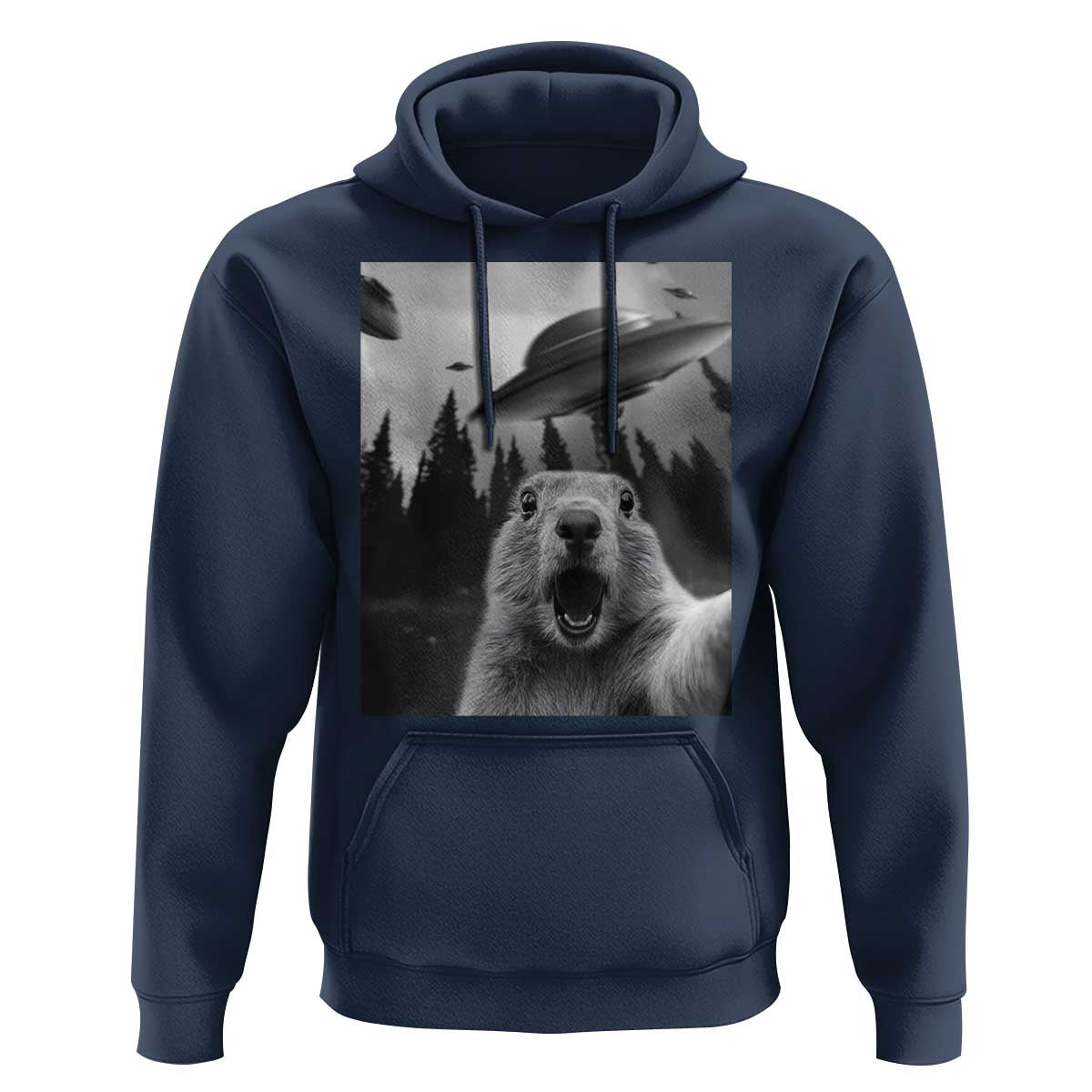 Funny Groundhog Selfie With Alien UFOs Weird Ground Hog Day Hoodie - Wonder Print Shop