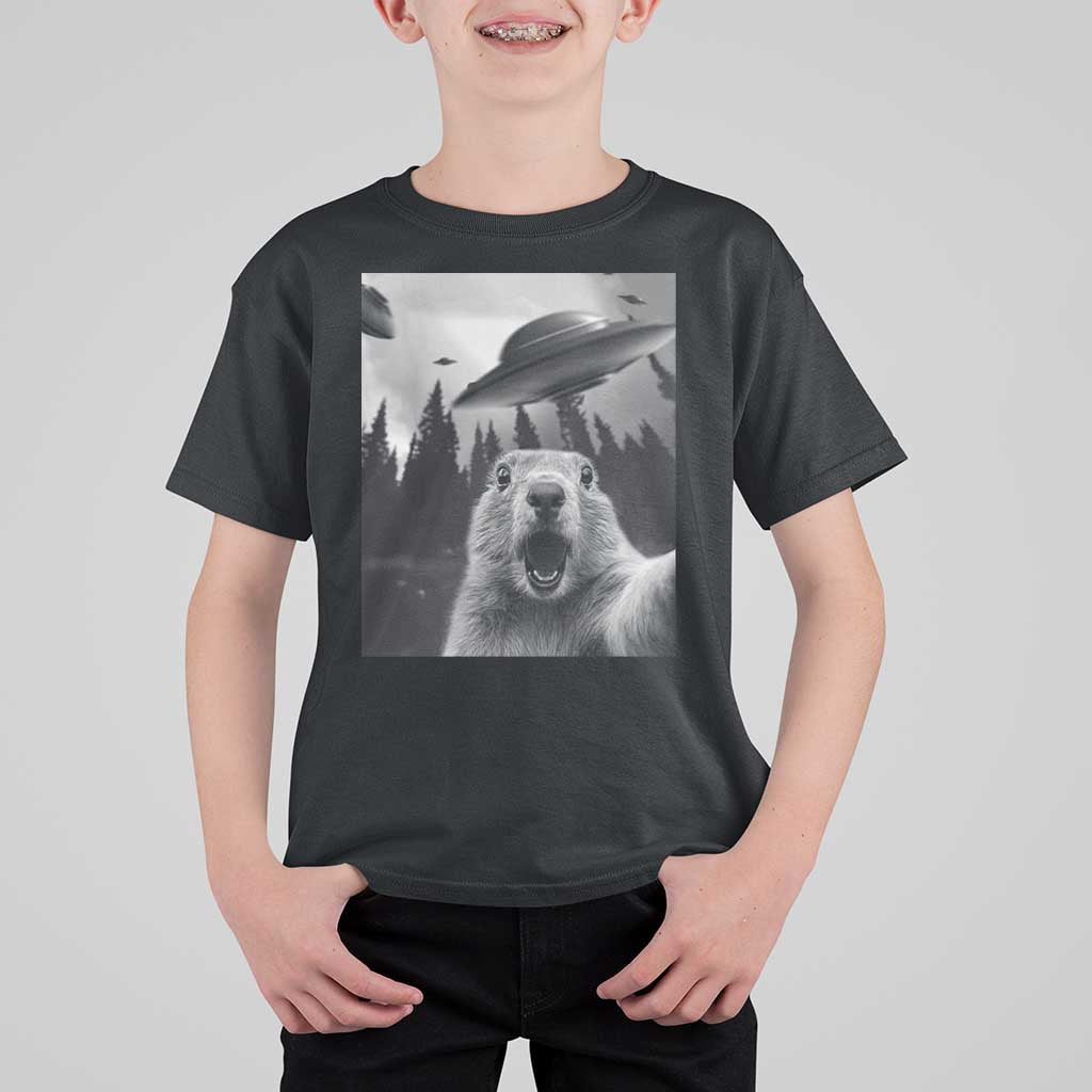 Funny Groundhog Selfie With Alien UFOs Weird Ground Hog Day T Shirt For Kid - Wonder Print Shop