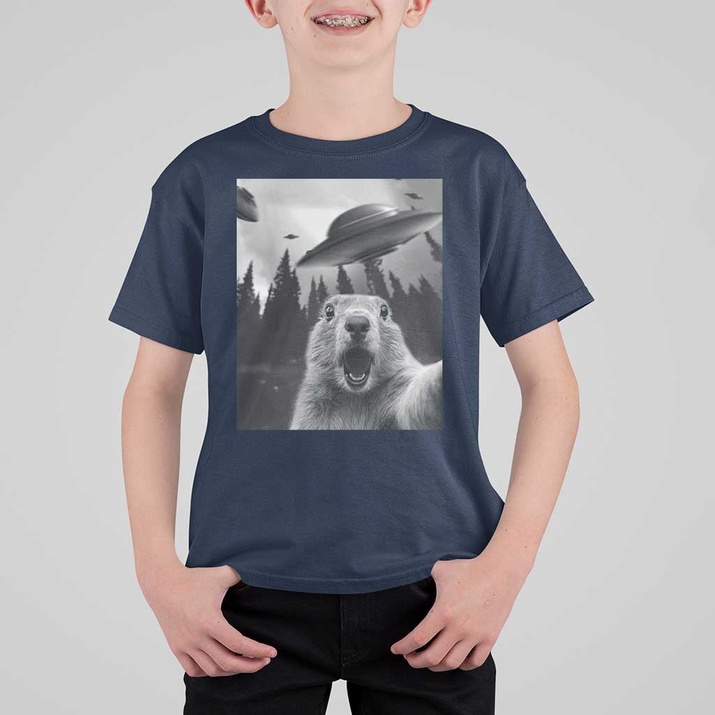 Funny Groundhog Selfie With Alien UFOs Weird Ground Hog Day T Shirt For Kid - Wonder Print Shop