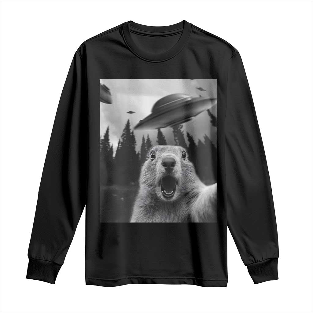 Funny Groundhog Selfie With Alien UFOs Weird Ground Hog Day Long Sleeve Shirt - Wonder Print Shop