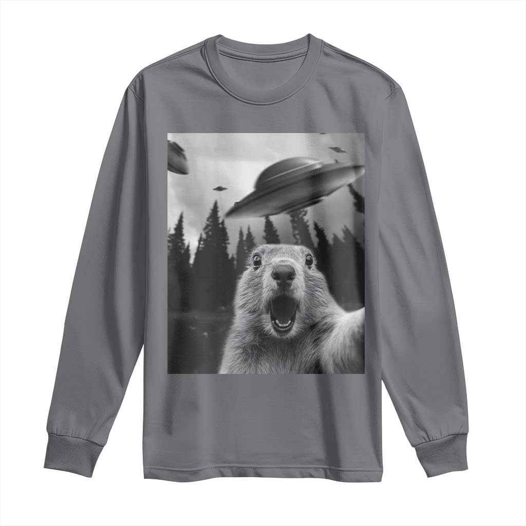 Funny Groundhog Selfie With Alien UFOs Weird Ground Hog Day Long Sleeve Shirt - Wonder Print Shop