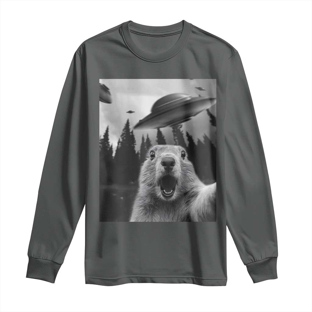 Funny Groundhog Selfie With Alien UFOs Weird Ground Hog Day Long Sleeve Shirt - Wonder Print Shop