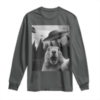Funny Groundhog Selfie With Alien UFOs Weird Ground Hog Day Long Sleeve Shirt - Wonder Print Shop