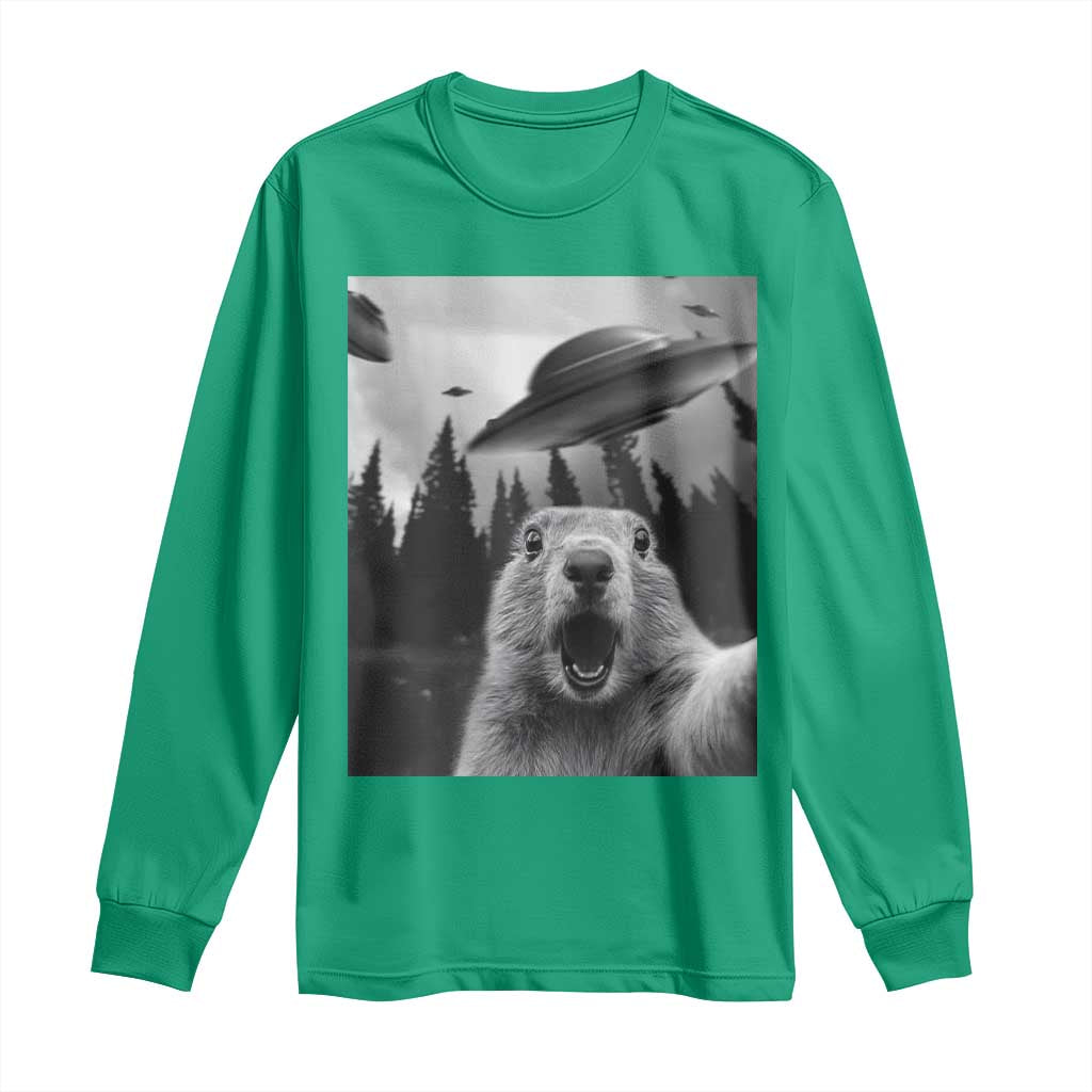 Funny Groundhog Selfie With Alien UFOs Weird Ground Hog Day Long Sleeve Shirt - Wonder Print Shop
