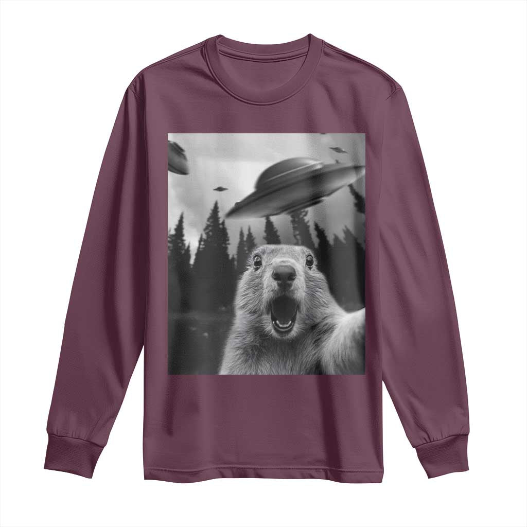Funny Groundhog Selfie With Alien UFOs Weird Ground Hog Day Long Sleeve Shirt - Wonder Print Shop
