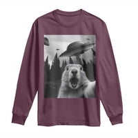 Funny Groundhog Selfie With Alien UFOs Weird Ground Hog Day Long Sleeve Shirt - Wonder Print Shop