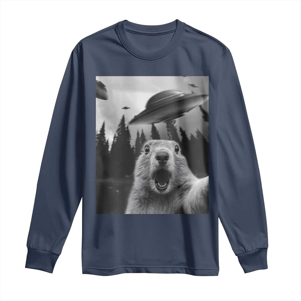 Funny Groundhog Selfie With Alien UFOs Weird Ground Hog Day Long Sleeve Shirt - Wonder Print Shop