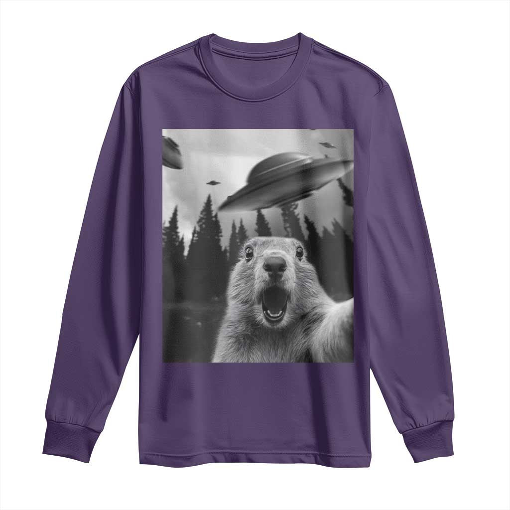 Funny Groundhog Selfie With Alien UFOs Weird Ground Hog Day Long Sleeve Shirt - Wonder Print Shop