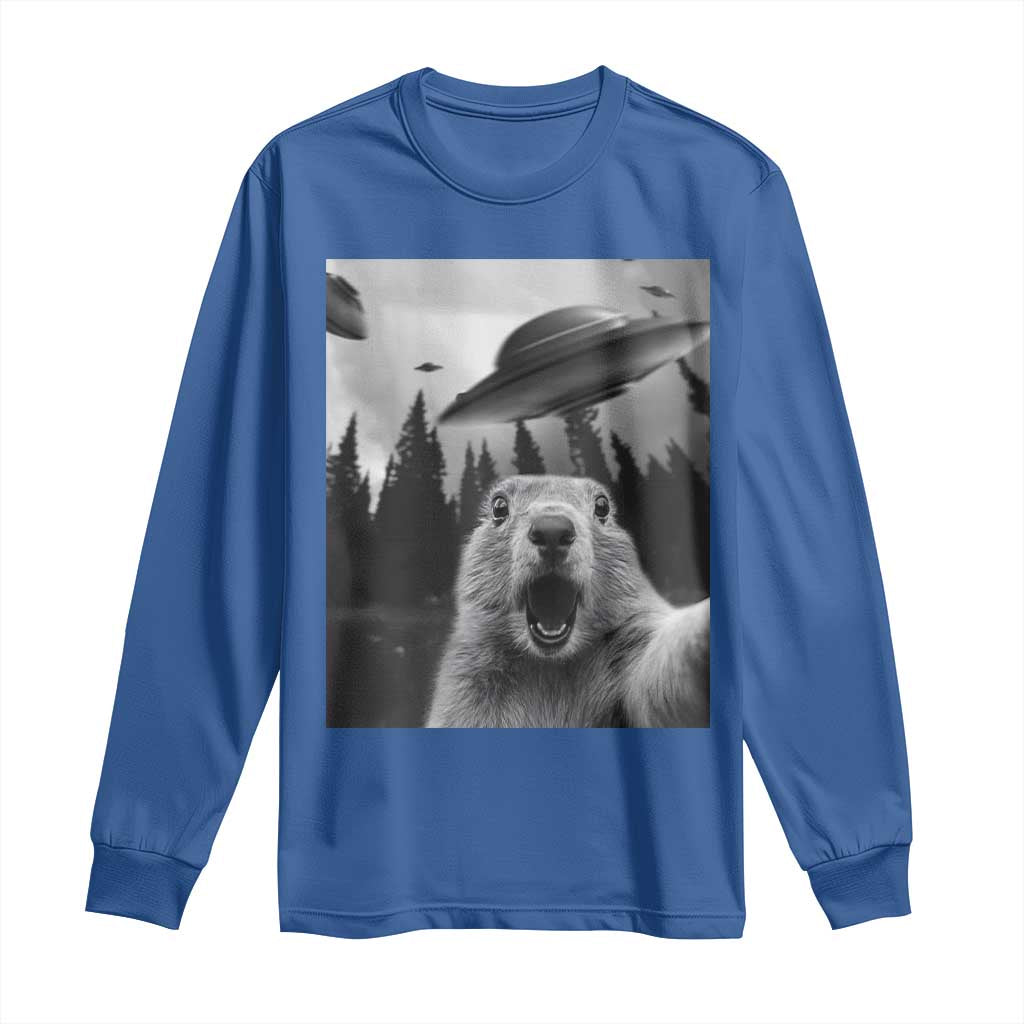 Funny Groundhog Selfie With Alien UFOs Weird Ground Hog Day Long Sleeve Shirt - Wonder Print Shop