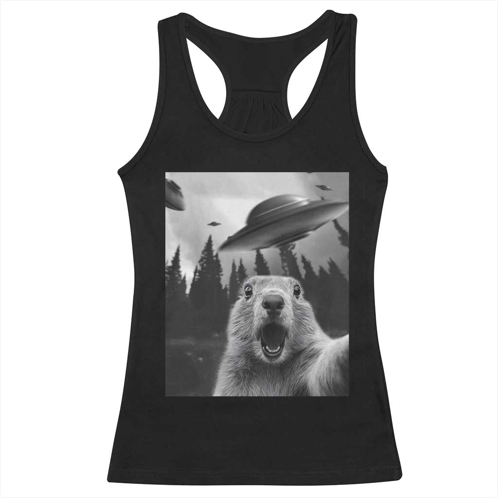 Funny Groundhog Selfie With Alien UFOs Weird Ground Hog Day Racerback Tank Top - Wonder Print Shop