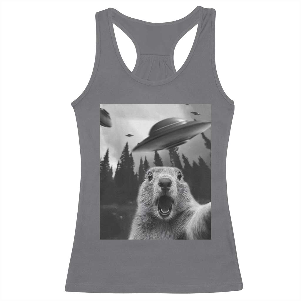 Funny Groundhog Selfie With Alien UFOs Weird Ground Hog Day Racerback Tank Top - Wonder Print Shop