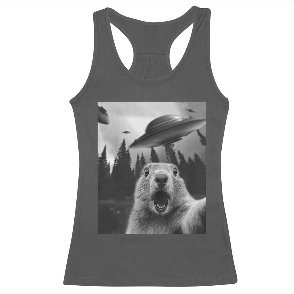 Funny Groundhog Selfie With Alien UFOs Weird Ground Hog Day Racerback Tank Top - Wonder Print Shop