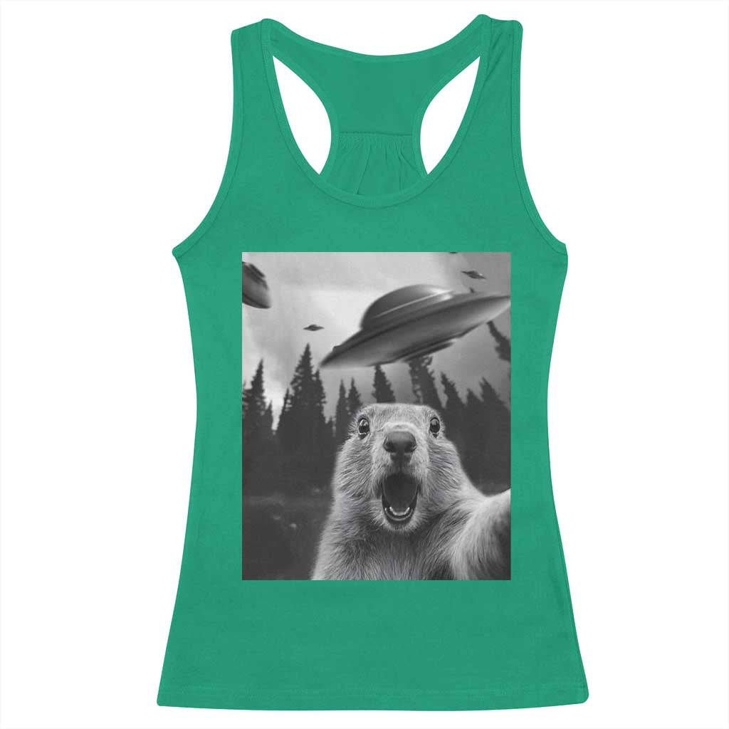 Funny Groundhog Selfie With Alien UFOs Weird Ground Hog Day Racerback Tank Top - Wonder Print Shop