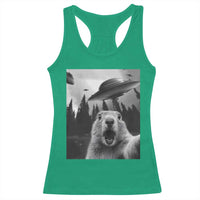 Funny Groundhog Selfie With Alien UFOs Weird Ground Hog Day Racerback Tank Top - Wonder Print Shop