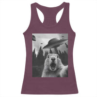 Funny Groundhog Selfie With Alien UFOs Weird Ground Hog Day Racerback Tank Top - Wonder Print Shop