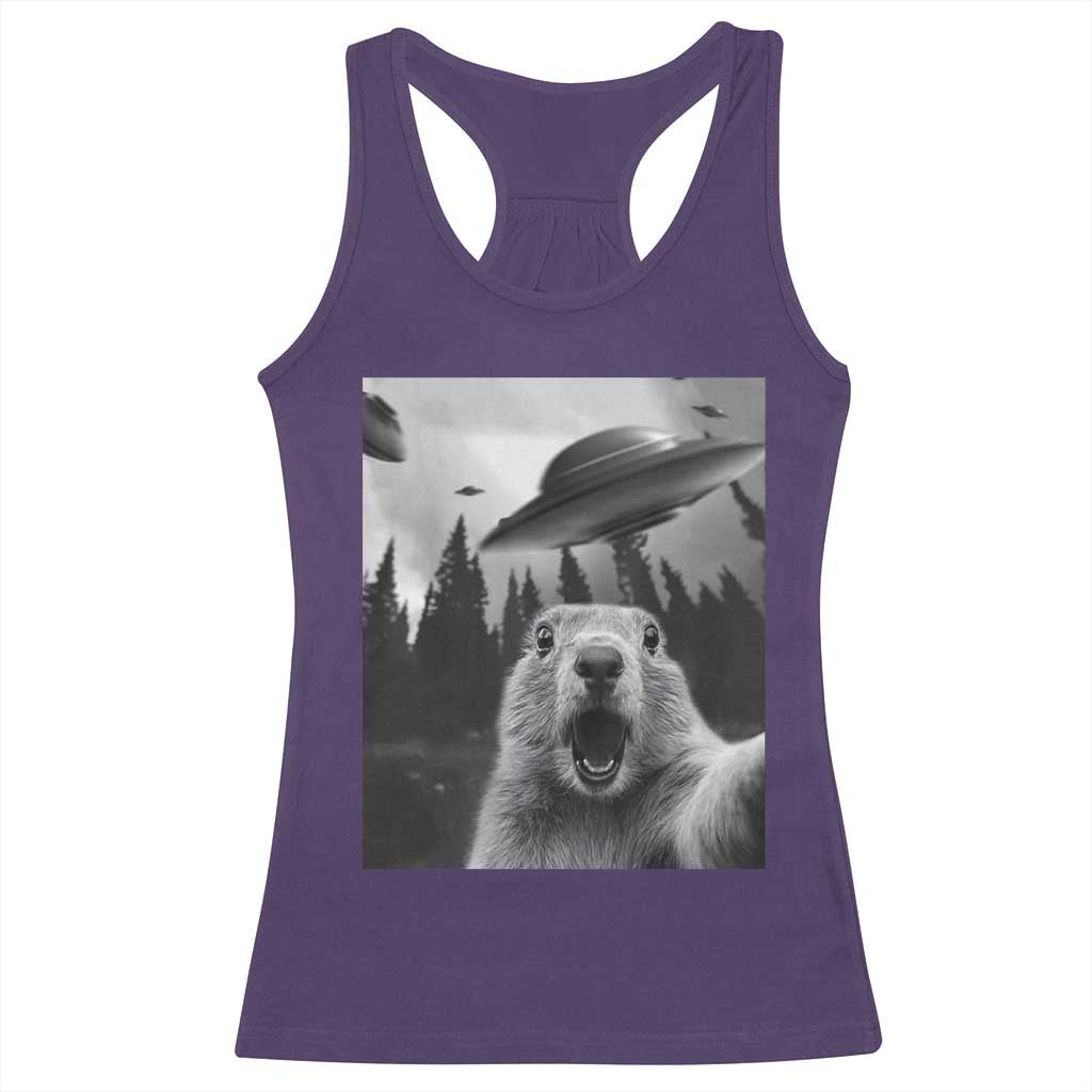 Funny Groundhog Selfie With Alien UFOs Weird Ground Hog Day Racerback Tank Top - Wonder Print Shop