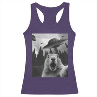 Funny Groundhog Selfie With Alien UFOs Weird Ground Hog Day Racerback Tank Top - Wonder Print Shop