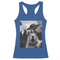 Funny Groundhog Selfie With Alien UFOs Weird Ground Hog Day Racerback Tank Top - Wonder Print Shop