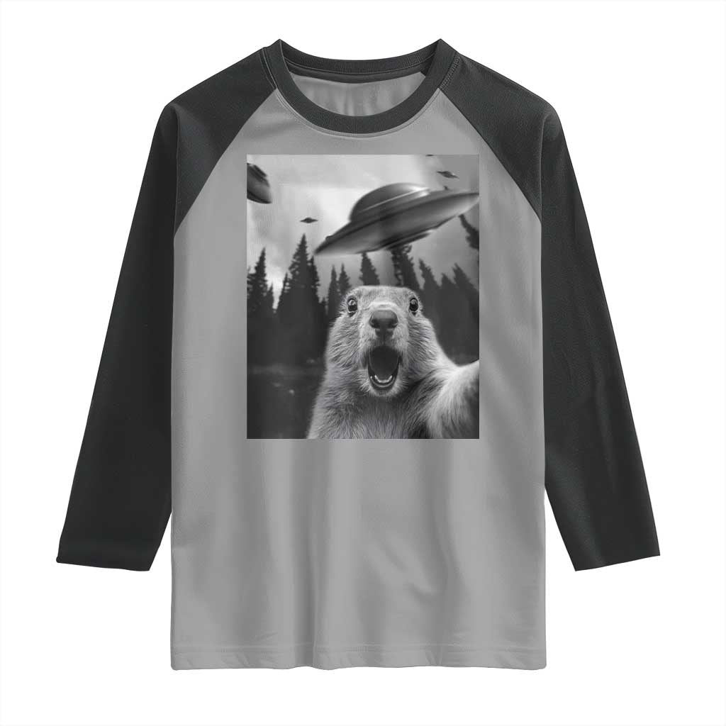 Funny Groundhog Selfie With Alien UFOs Weird Ground Hog Day Raglan Shirt - Wonder Print Shop