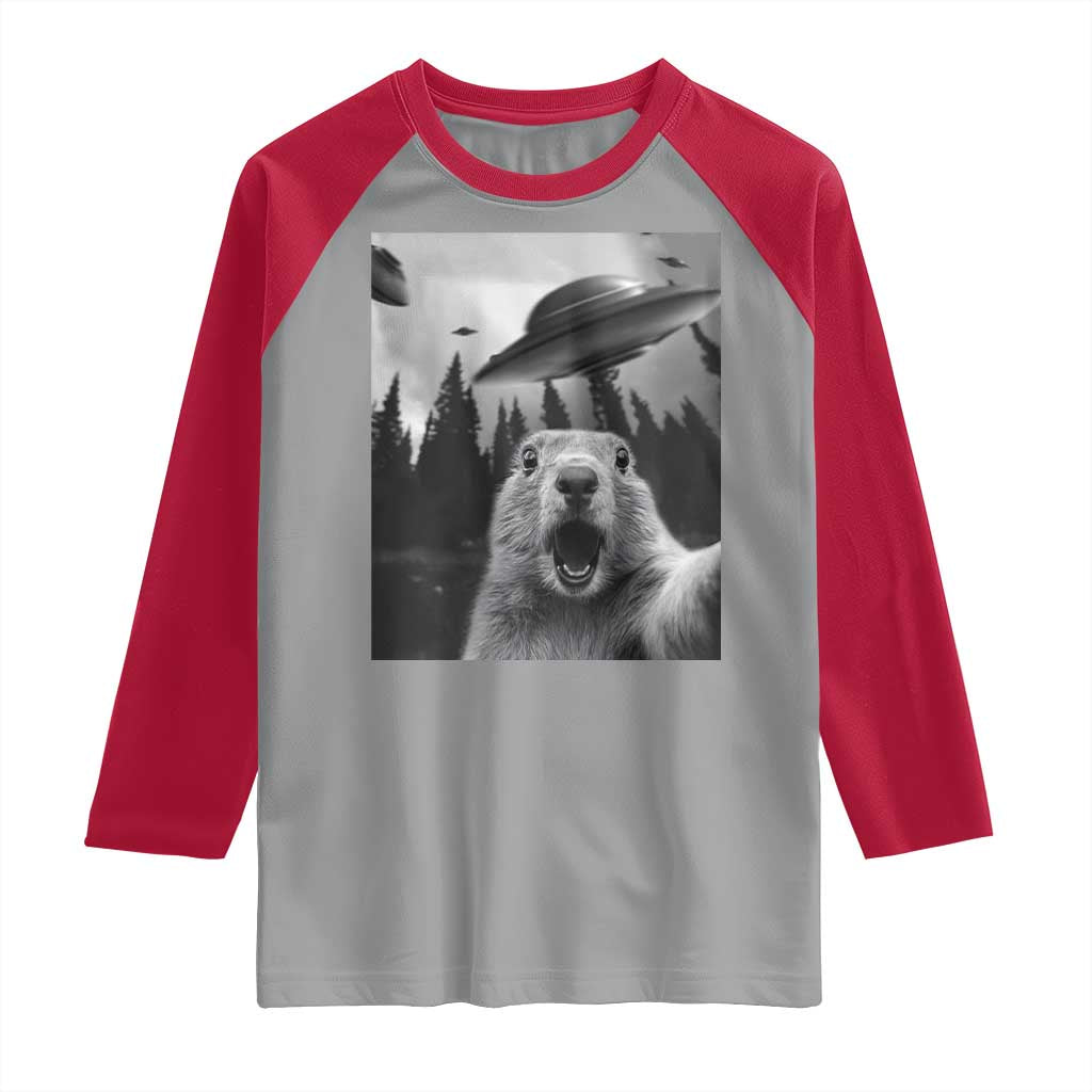Funny Groundhog Selfie With Alien UFOs Weird Ground Hog Day Raglan Shirt - Wonder Print Shop