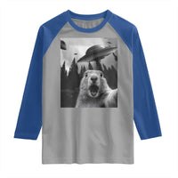 Funny Groundhog Selfie With Alien UFOs Weird Ground Hog Day Raglan Shirt - Wonder Print Shop