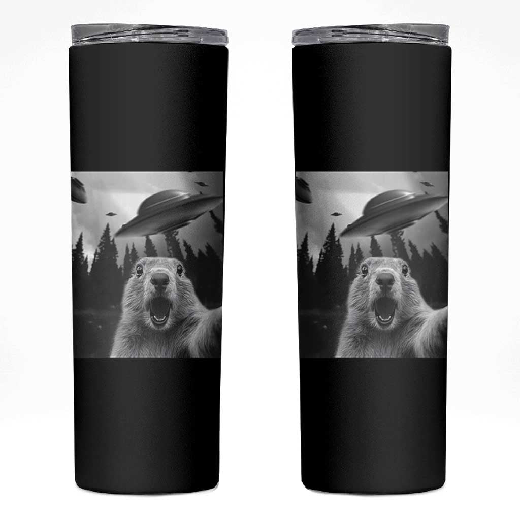 Funny Groundhog Selfie With Alien UFOs Weird Ground Hog Day Skinny Tumbler - Wonder Print Shop