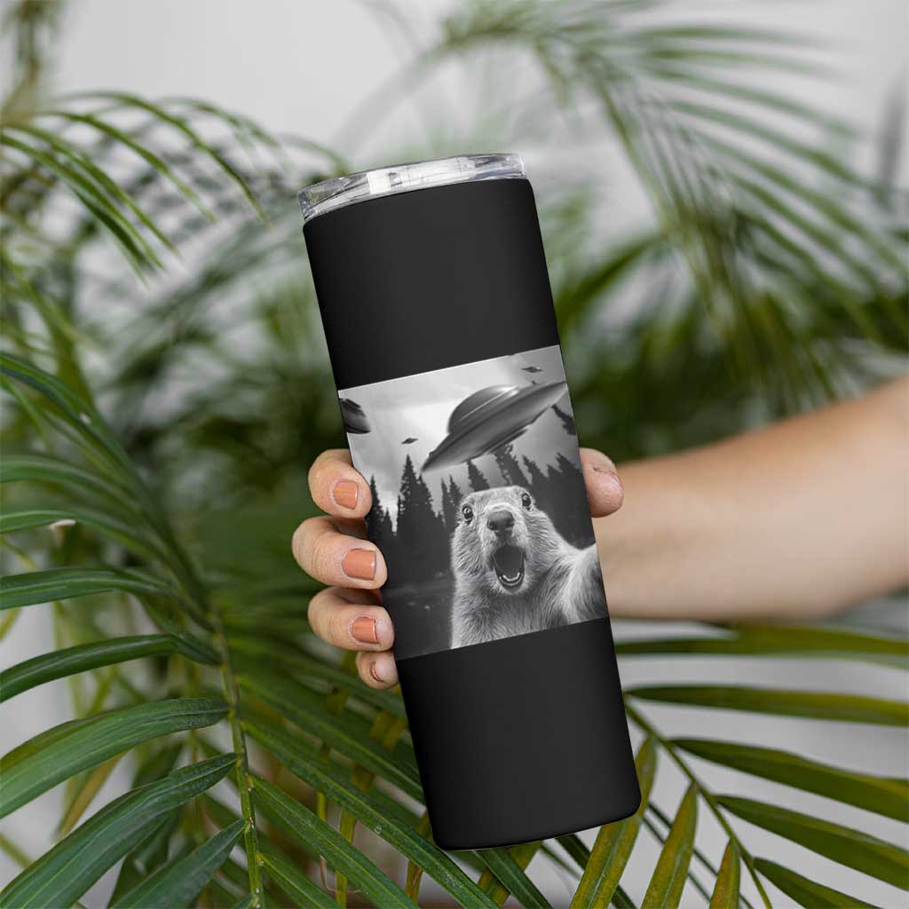 Funny Groundhog Selfie With Alien UFOs Weird Ground Hog Day Skinny Tumbler - Wonder Print Shop