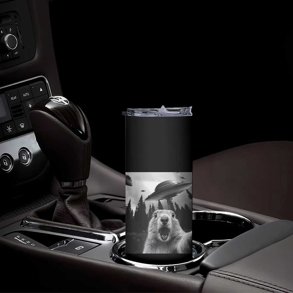 Funny Groundhog Selfie With Alien UFOs Weird Ground Hog Day Skinny Tumbler - Wonder Print Shop