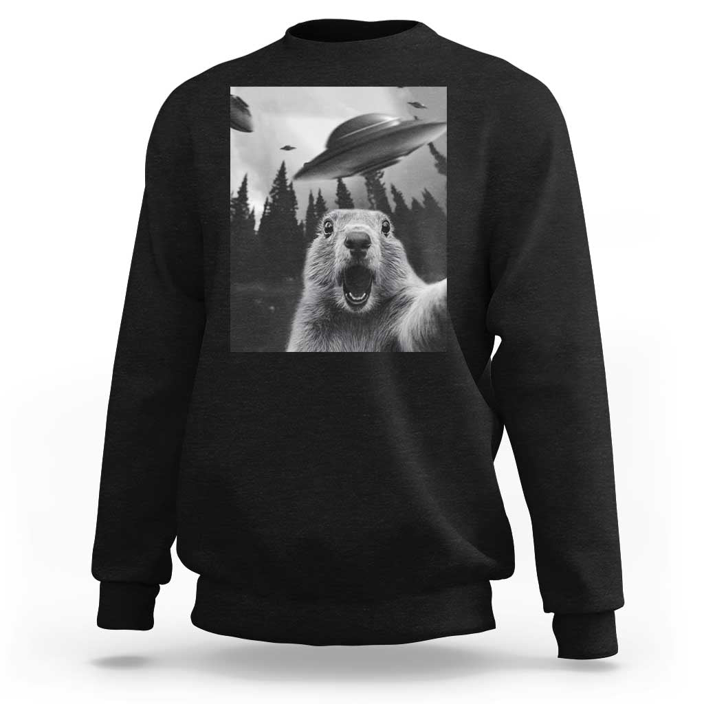 Funny Groundhog Selfie With Alien UFOs Weird Ground Hog Day Sweatshirt - Wonder Print Shop