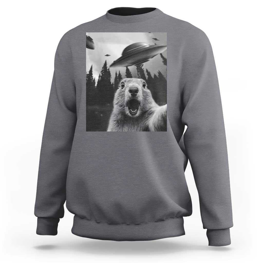 Funny Groundhog Selfie With Alien UFOs Weird Ground Hog Day Sweatshirt - Wonder Print Shop