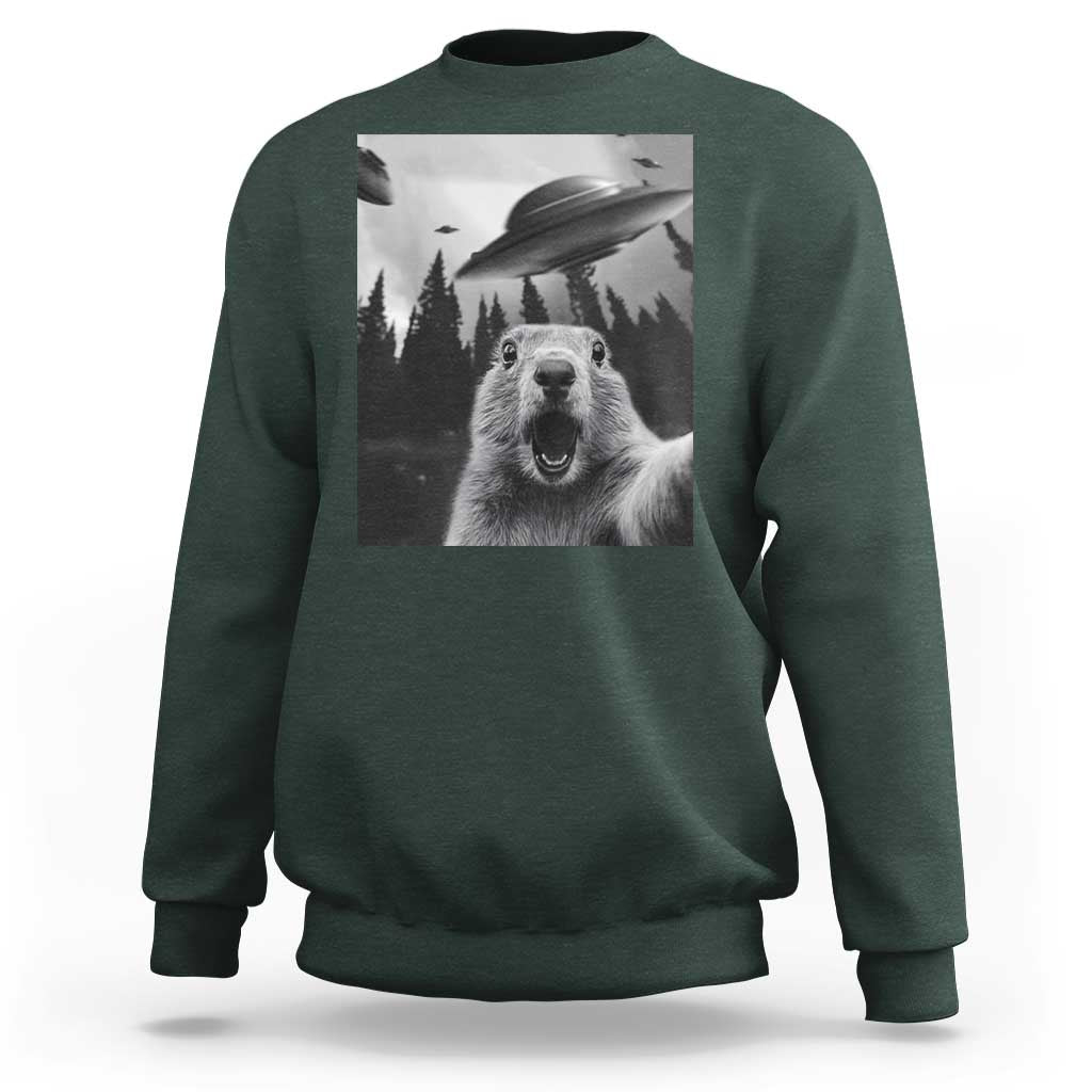 Funny Groundhog Selfie With Alien UFOs Weird Ground Hog Day Sweatshirt - Wonder Print Shop