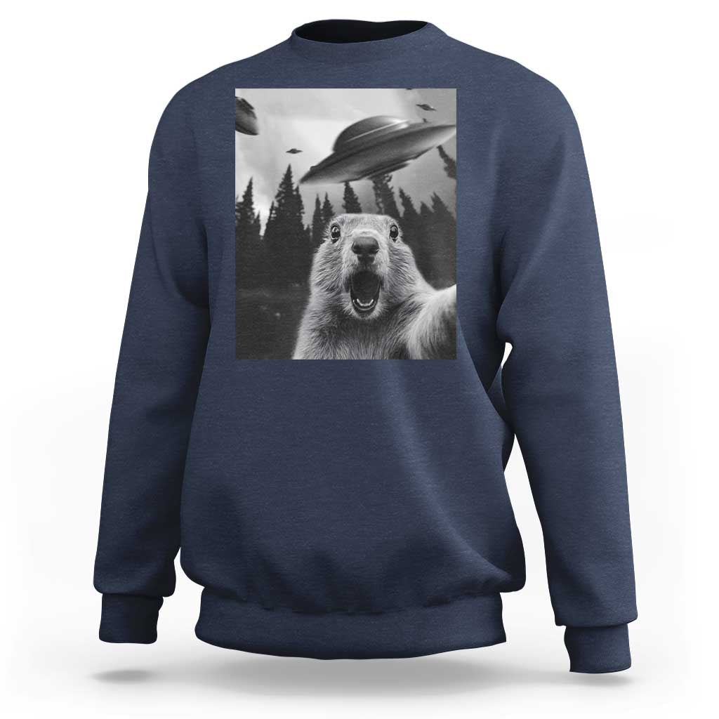 Funny Groundhog Selfie With Alien UFOs Weird Ground Hog Day Sweatshirt - Wonder Print Shop
