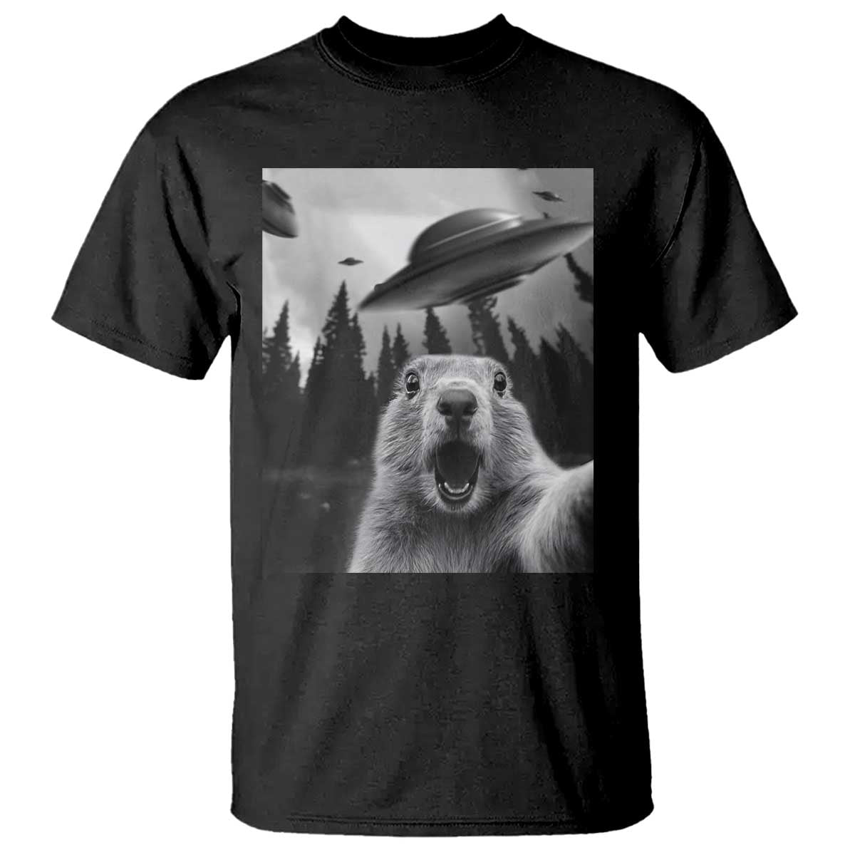 Funny Groundhog Selfie With Alien UFOs Weird Ground Hog Day T Shirt - Wonder Print Shop
