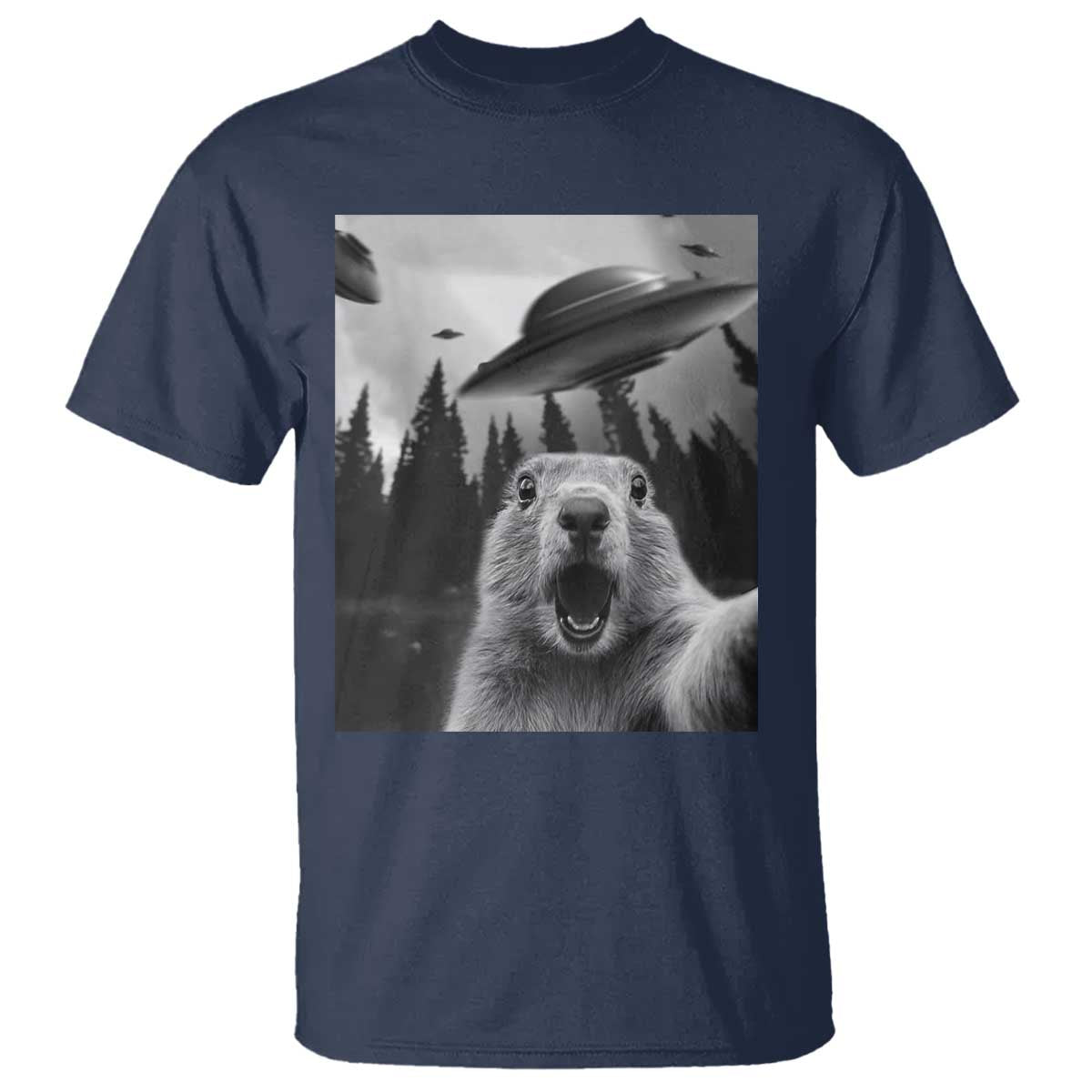Funny Groundhog Selfie With Alien UFOs Weird Ground Hog Day T Shirt - Wonder Print Shop