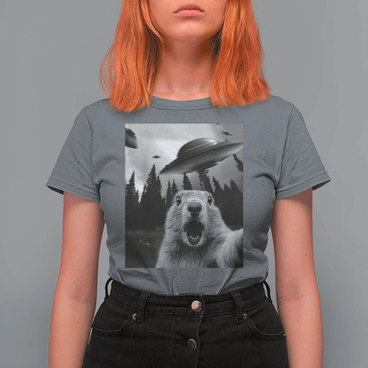 Funny Groundhog Selfie With Alien UFOs Weird Ground Hog Day T Shirt For Women - Wonder Print Shop