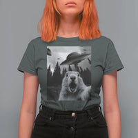 Funny Groundhog Selfie With Alien UFOs Weird Ground Hog Day T Shirt For Women - Wonder Print Shop
