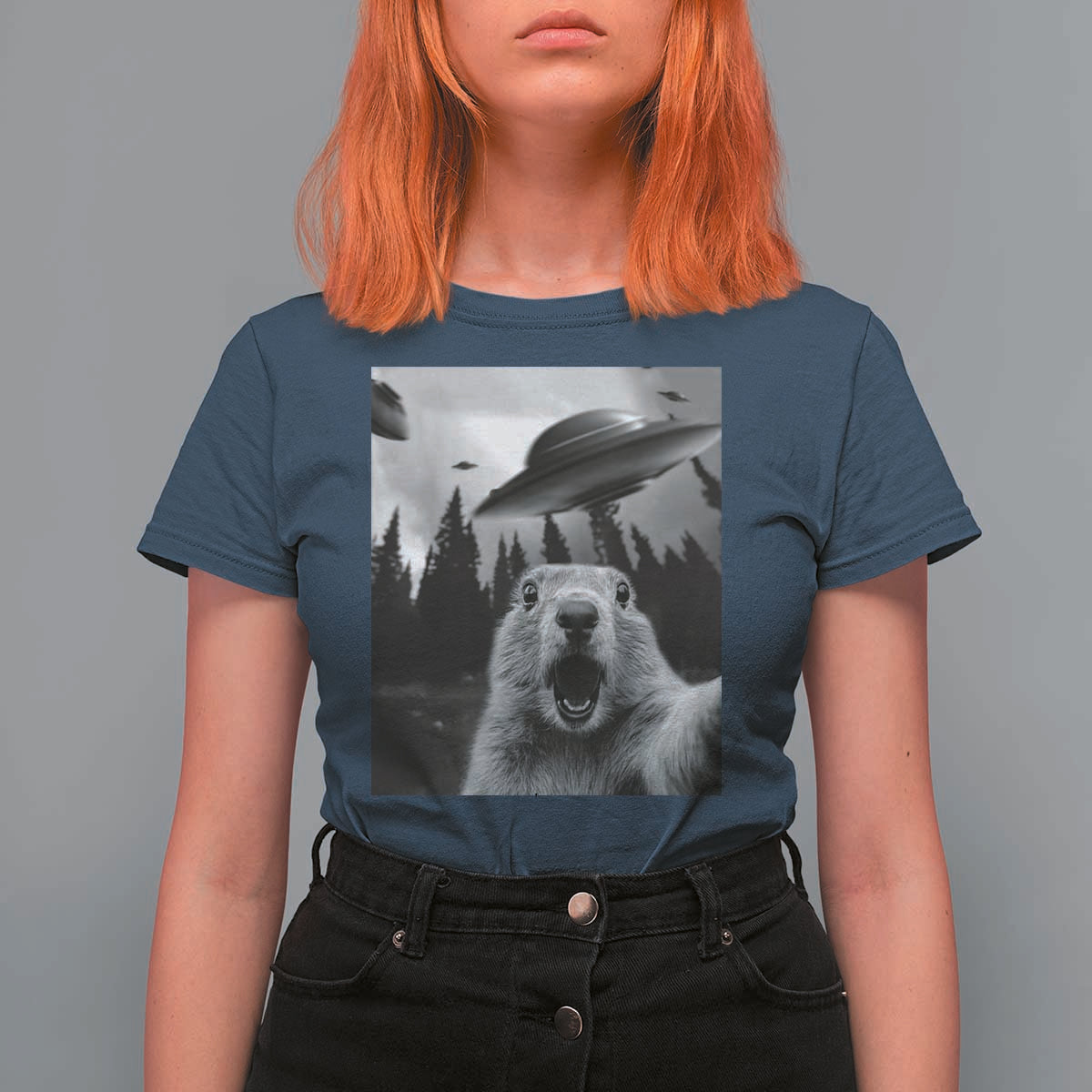 Funny Groundhog Selfie With Alien UFOs Weird Ground Hog Day T Shirt For Women - Wonder Print Shop