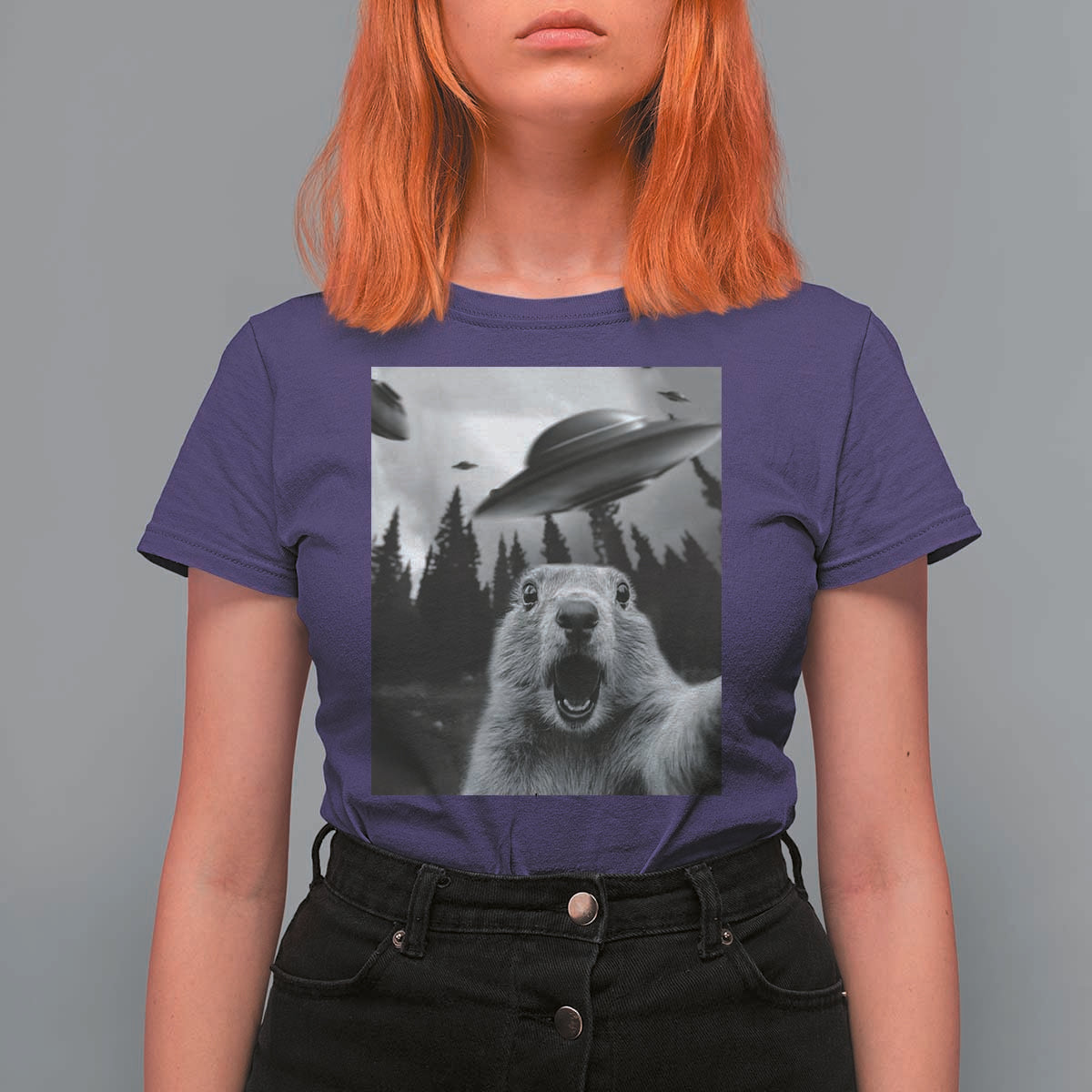 Funny Groundhog Selfie With Alien UFOs Weird Ground Hog Day T Shirt For Women - Wonder Print Shop