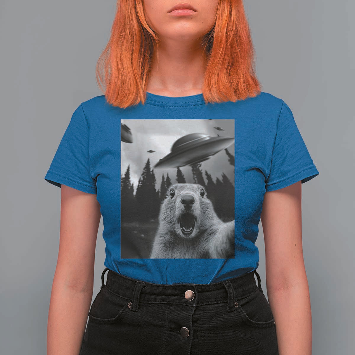 Funny Groundhog Selfie With Alien UFOs Weird Ground Hog Day T Shirt For Women - Wonder Print Shop