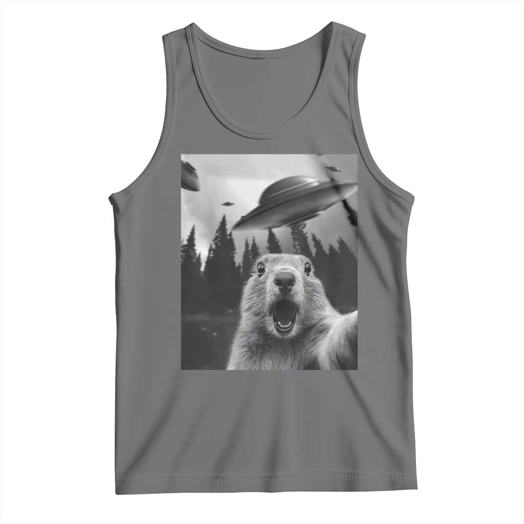 Funny Groundhog Selfie With Alien UFOs Weird Ground Hog Day Tank Top - Wonder Print Shop