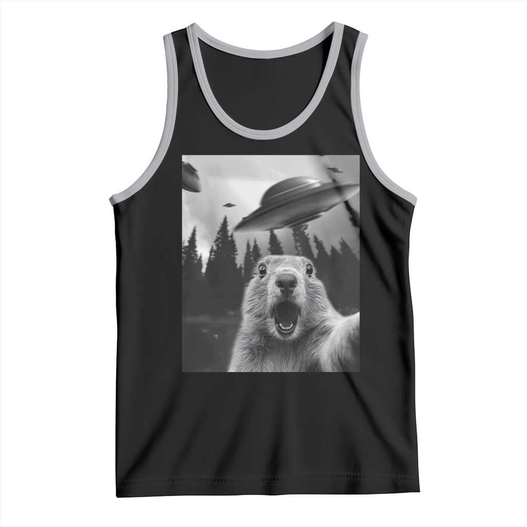 Funny Groundhog Selfie With Alien UFOs Weird Ground Hog Day Tank Top - Wonder Print Shop
