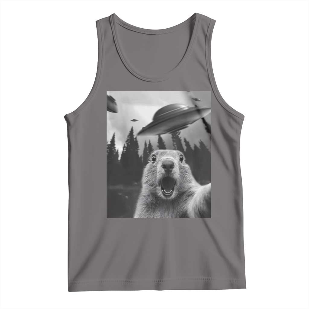 Funny Groundhog Selfie With Alien UFOs Weird Ground Hog Day Tank Top - Wonder Print Shop