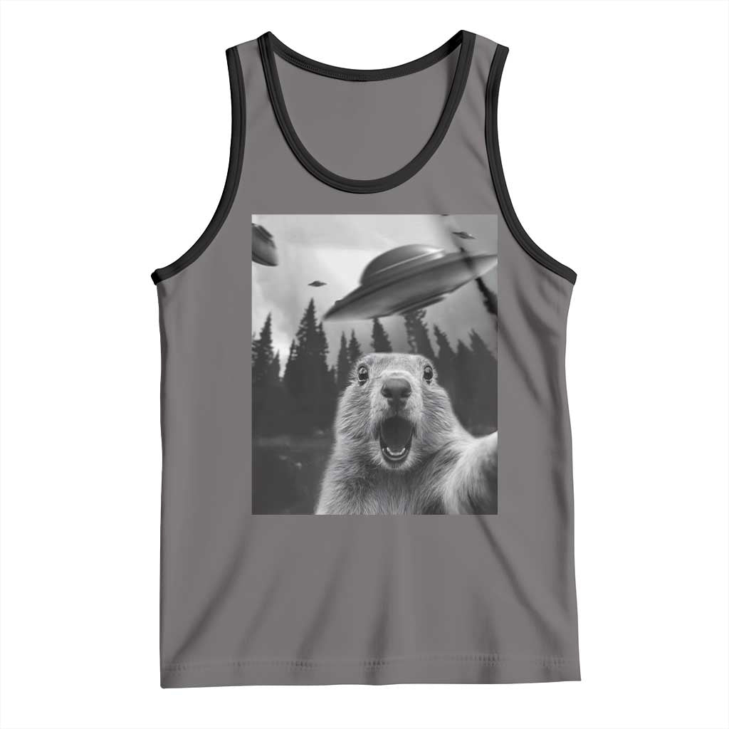 Funny Groundhog Selfie With Alien UFOs Weird Ground Hog Day Tank Top - Wonder Print Shop