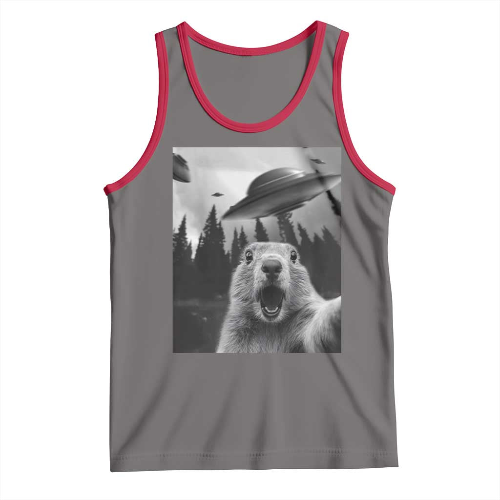 Funny Groundhog Selfie With Alien UFOs Weird Ground Hog Day Tank Top - Wonder Print Shop