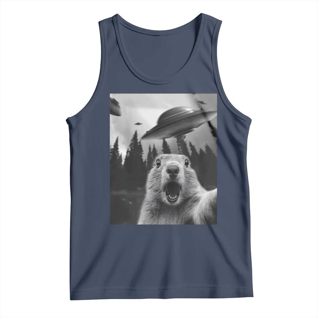 Funny Groundhog Selfie With Alien UFOs Weird Ground Hog Day Tank Top - Wonder Print Shop